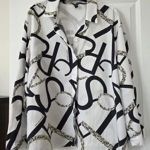 White and Black Graphic Button-Up Shirt